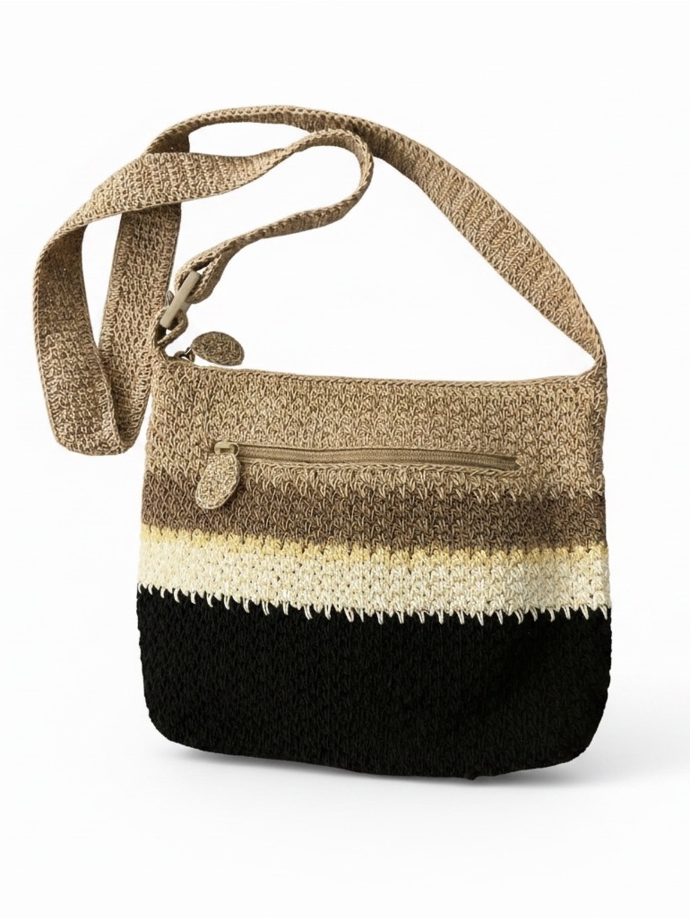 Liz Claiborne Woven Crossbody Bag in Black, Cream & Tan
